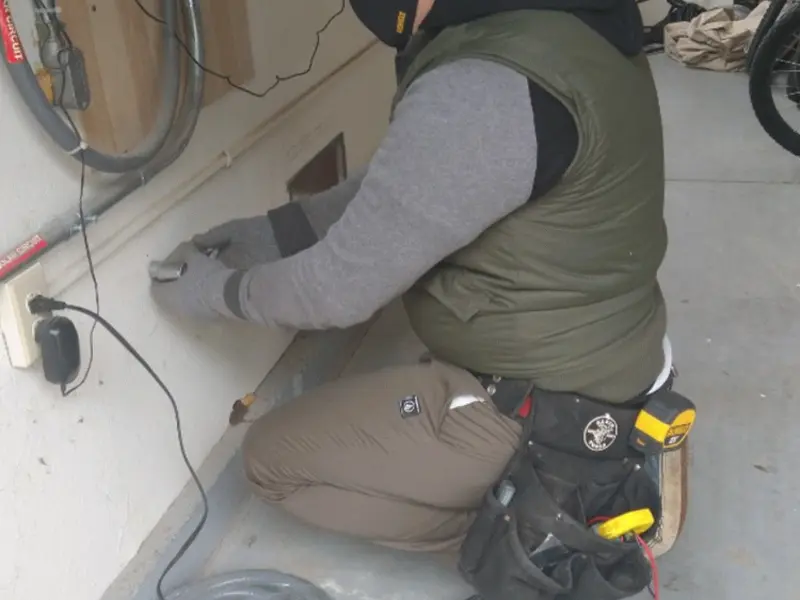 Electrician performing outlet wiring in a Campbellsville garage